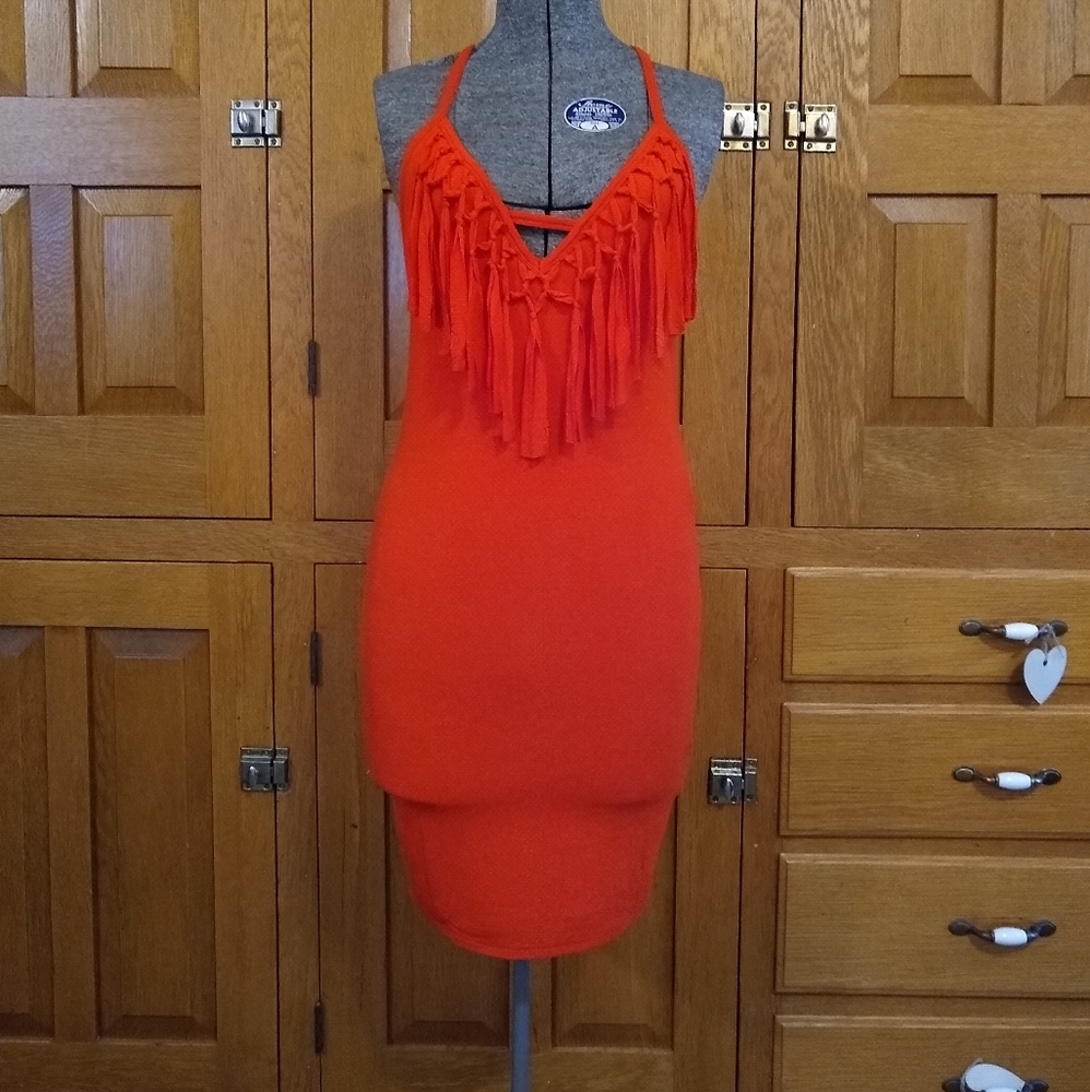 Naked Zebra firey red fringe body con stretchy strappy dress